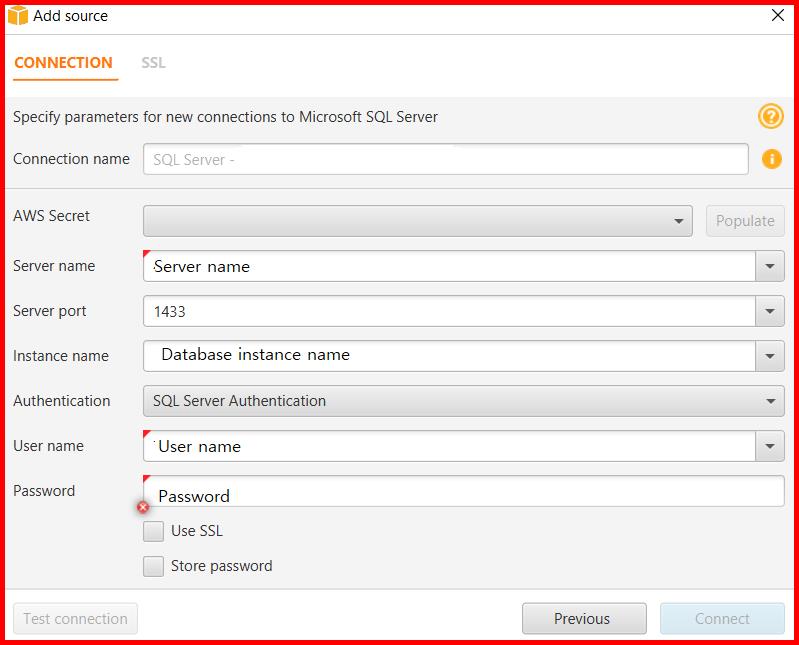 Picture showing a window to enter the credentails of the source database